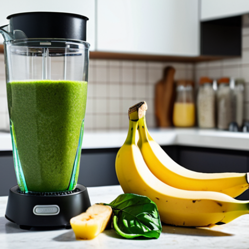 Home 15 ** A vibrant, colorful smoothie being poured from a blender into a glass. The smoothie is green and contains visible ingredients like spinach, banana, and chia seeds. Fresh ginger is placed next to the glass. The background is a bright, modern kitchen.
**