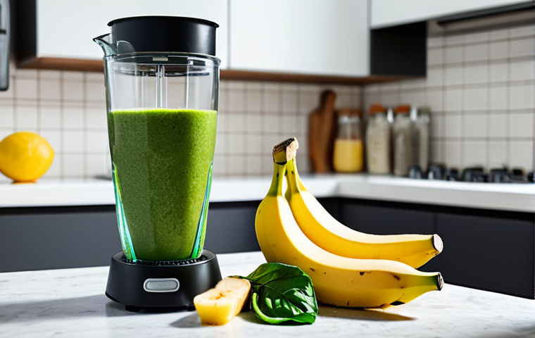 ** A vibrant, colorful smoothie being poured from a blender into a glass. The smoothie is green and contains visible ingredients like spinach, banana, and chia seeds. Fresh ginger is placed next to the glass. The background is a bright, modern kitchen.
**