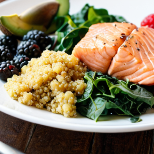 Home 14 A vibrant, close-up shot of a meticulously arranged anti-inflammatory meal: a colorful bowl bursting with fresh berries, dark leafy greens, avocado slices, quinoa, and grilled salmon or plant-based protein. The background features a subtly blurred figure of a person, initially appearing fatigued, slowly gaining clarity and radiance as if being nourished by the food. Emphasize bright, natural lighting and a sense of revitalization.