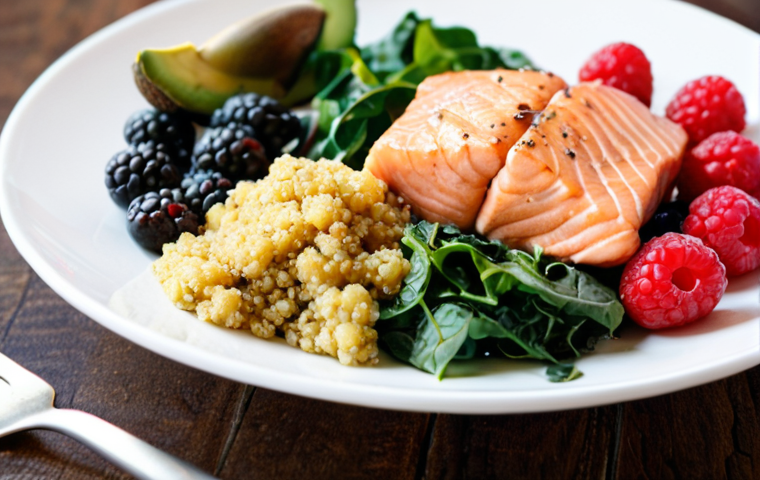 A vibrant, close-up shot of a meticulously arranged anti-inflammatory meal: a colorful bowl bursting with fresh berries, dark leafy greens, avocado slices, quinoa, and grilled salmon or plant-based protein. The background features a subtly blurred figure of a person, initially appearing fatigued, slowly gaining clarity and radiance as if being nourished by the food. Emphasize bright, natural lighting and a sense of revitalization.