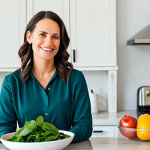 A serene and healthy professional woman in her 30s, displaying a calm and vital expression. She is dressed in comfortable, modest, professional-casual attire, fully clothed. She stands in a bright, modern kitchen filled with natural light, with a clean countertop featuring a bowl of colorful fresh fruits and vegetables (berries, spinach, avocado), suggesting a wholesome lifestyle. Perfect anatomy, correct proportions, natural pose, well-formed hands, proper finger count, natural body proportions, professional photography, high quality, safe for work, appropriate content, fully clothed, professional, modest, family-friendly.