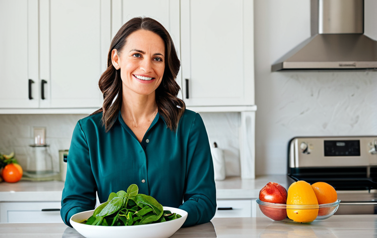 A serene and healthy professional woman in her 30s, displaying a calm and vital expression. She is dressed in comfortable, modest, professional-casual attire, fully clothed. She stands in a bright, modern kitchen filled with natural light, with a clean countertop featuring a bowl of colorful fresh fruits and vegetables (berries, spinach, avocado), suggesting a wholesome lifestyle. Perfect anatomy, correct proportions, natural pose, well-formed hands, proper finger count, natural body proportions, professional photography, high quality, safe for work, appropriate content, fully clothed, professional, modest, family-friendly.