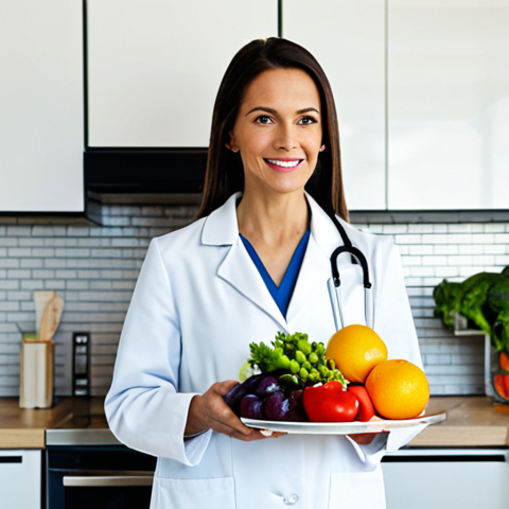**

"A professional nutritionist in a modest lab coat, standing in a bright, modern kitchen filled with fresh fruits and vegetables. She is holding a colorful plate of healthy food. The scene is well-lit, showcasing the vibrant colors of the produce. Safe for work, appropriate content, fully clothed, professional, perfect anatomy, natural proportions, high resolution."

**