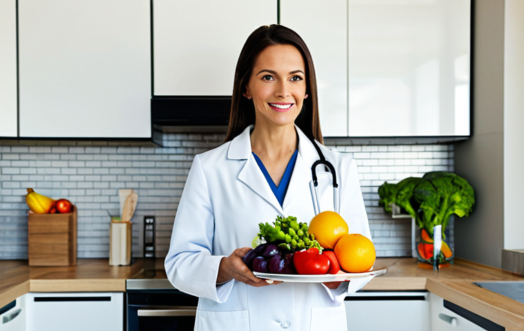 **

"A professional nutritionist in a modest lab coat, standing in a bright, modern kitchen filled with fresh fruits and vegetables. She is holding a colorful plate of healthy food. The scene is well-lit, showcasing the vibrant colors of the produce. Safe for work, appropriate content, fully clothed, professional, perfect anatomy, natural proportions, high resolution."

**