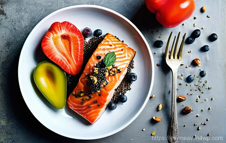 항염증 식단과 체중 감량 전략 - **Vibrant Anti-Inflammatory Feast:** A beautifully composed overhead shot (flat lay) on a rustic woo...