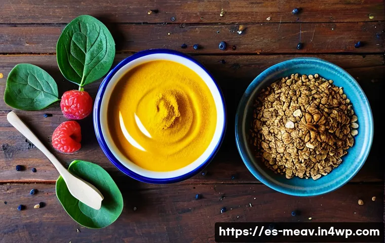 항염증 식단의 기초 이해하기 - **Prompt:** A vibrant, close-up flat lay shot of a beautifully arranged assortment of anti-inflammat...