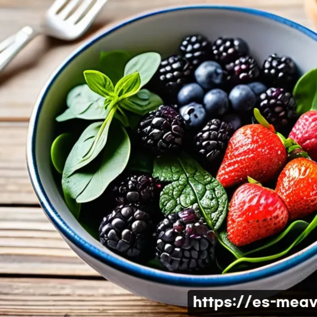 항염증 식단의 균형 잡힌 영양소 - A vibrant, colorful bowl of anti-inflammatory foods featuring fresh blueberries, strawberries, and b...