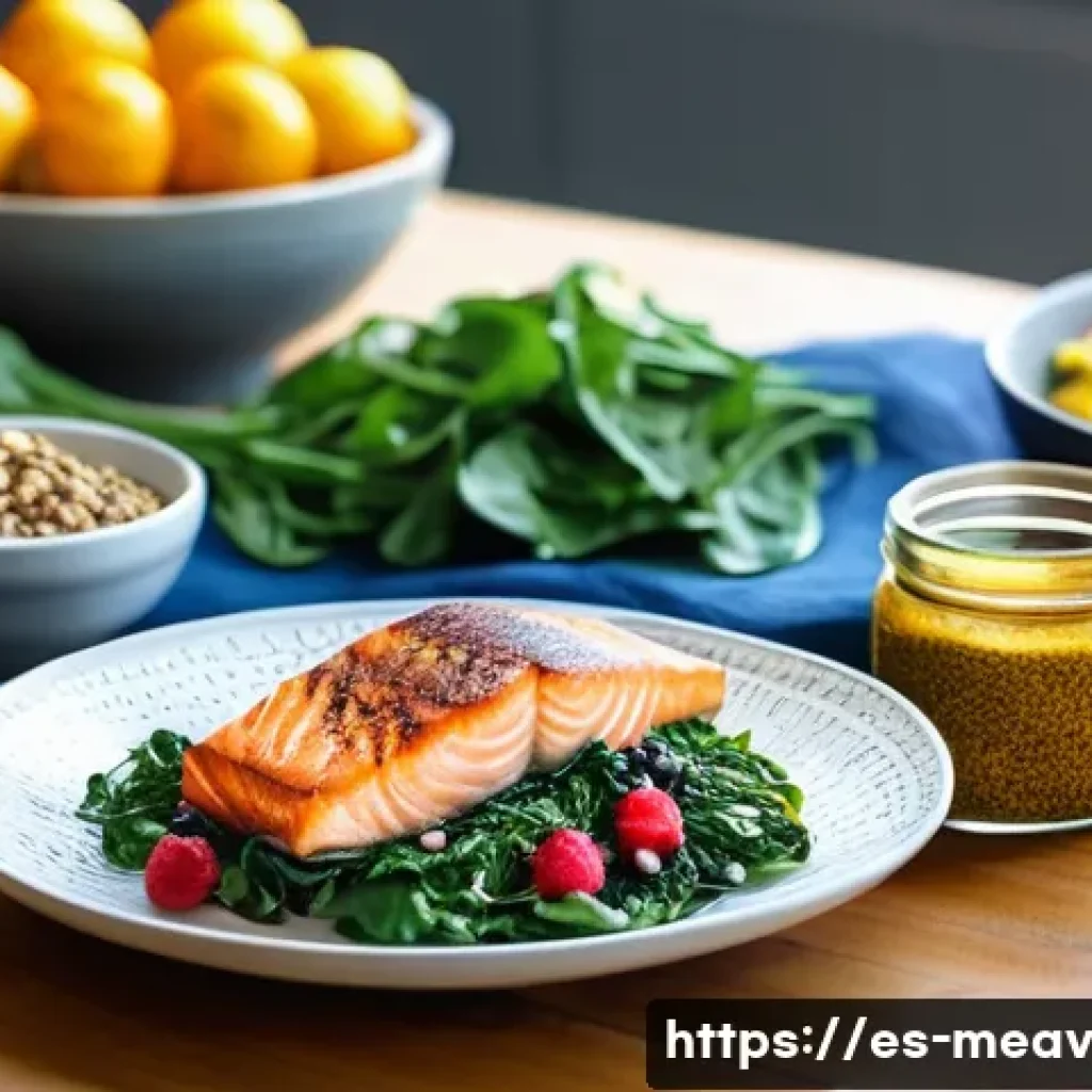 항염증 식단의 역사와 발전 - A vibrant Mediterranean-style kitchen scene featuring a diverse spread of anti-inflammatory foods: g...
