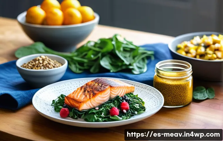 항염증 식단의 역사와 발전 - A vibrant Mediterranean-style kitchen scene featuring a diverse spread of anti-inflammatory foods: g...