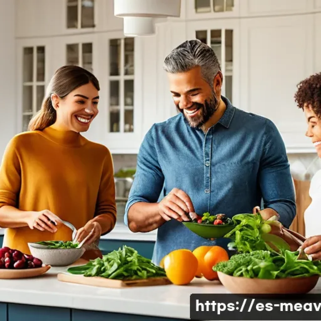 항염증 식단의 성공 사례 분석 - A vibrant, sunlit kitchen scene featuring a diverse Spanish family preparing an anti-inflammatory me...