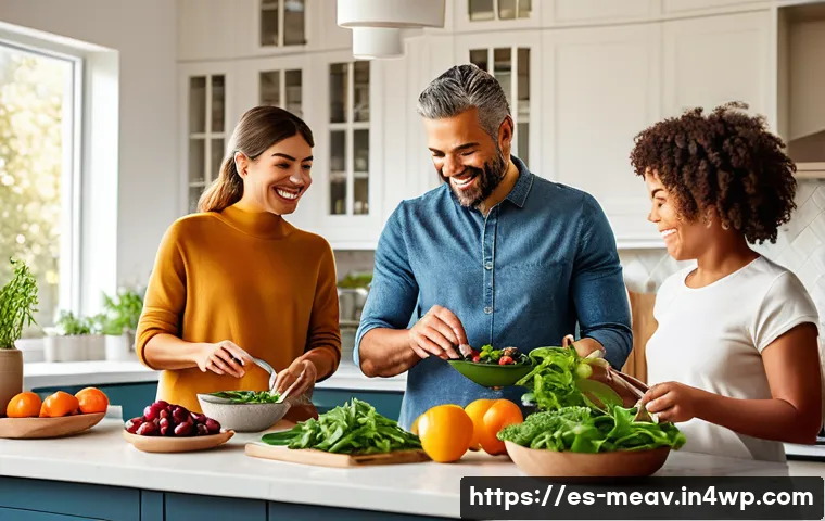 항염증 식단의 성공 사례 분석 - A vibrant, sunlit kitchen scene featuring a diverse Spanish family preparing an anti-inflammatory me...