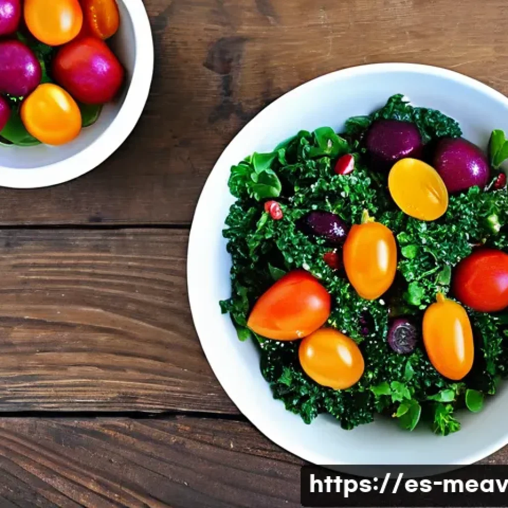 항염증 식단의 맛과 색깔 조화 - A vibrant and colorful anti-inflammatory salad bowl on a rustic wooden table, featuring fresh green ...