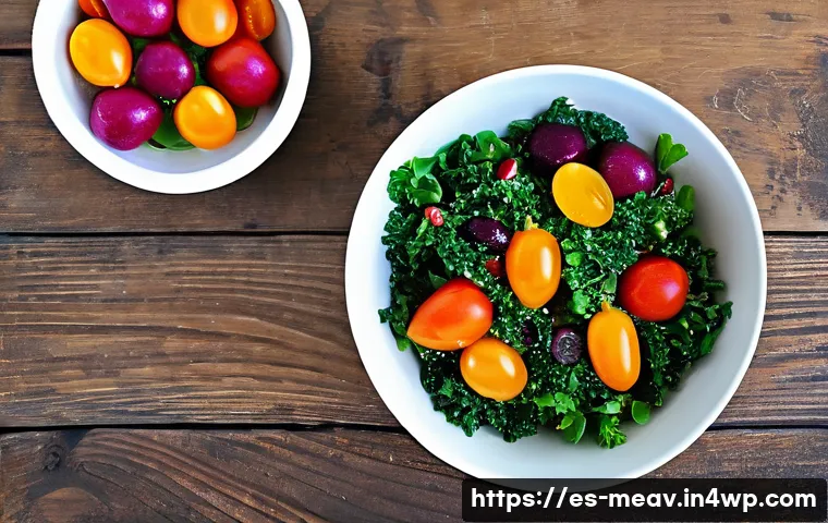 항염증 식단의 맛과 색깔 조화 - A vibrant and colorful anti-inflammatory salad bowl on a rustic wooden table, featuring fresh green ...