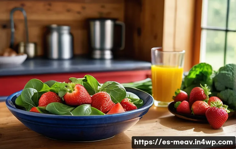 항염증 식단과 노화 방지 - A vibrant, colorful kitchen scene featuring a diverse assortment of fresh fruits and vegetables prom...
