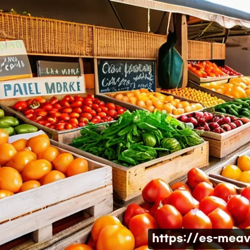 항염증 식단의 지속 가능성 - A vibrant Spanish local market scene featuring fresh seasonal fruits and vegetables such as ripe tom...