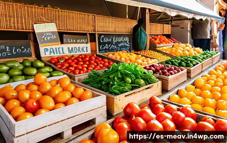 항염증 식단의 지속 가능성 - A vibrant Spanish local market scene featuring fresh seasonal fruits and vegetables such as ripe tom...
