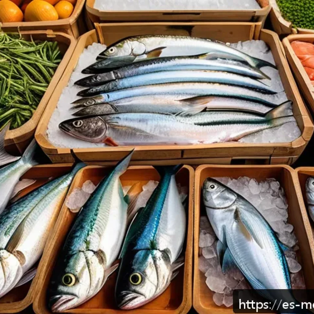 항염증 식단을 위한 생선 선택 가이드 - A vibrant and detailed still life of a fresh seafood market stall in Spain, showcasing a variety of ...