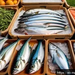 Home 20 항염증 식단을 위한 생선 선택 가이드 - A vibrant and detailed still life of a fresh seafood market stall in Spain, showcasing a variety of ...