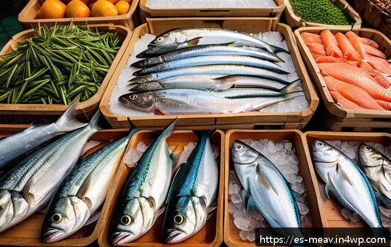 항염증 식단을 위한 생선 선택 가이드 - A vibrant and detailed still life of a fresh seafood market stall in Spain, showcasing a variety of ...