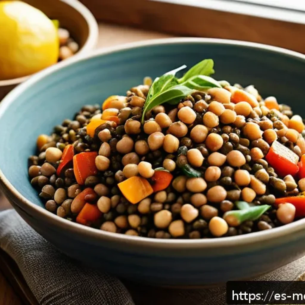 항염증 식단을 위한 고기 대체 식품 - A vibrant, rustic kitchen scene featuring a colorful bowl of warm lentil salad with roasted vegetabl...