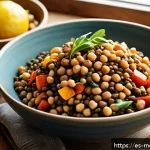 Home 19 항염증 식단을 위한 고기 대체 식품 - A vibrant, rustic kitchen scene featuring a colorful bowl of warm lentil salad with roasted vegetabl...