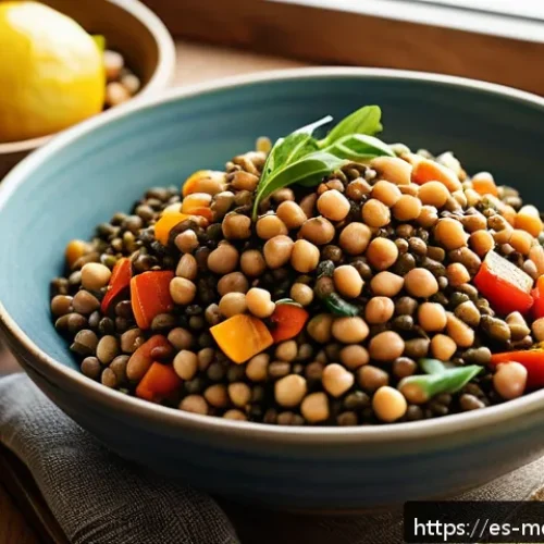 Home 31 항염증 식단을 위한 고기 대체 식품 - A vibrant, rustic kitchen scene featuring a colorful bowl of warm lentil salad with roasted vegetabl...