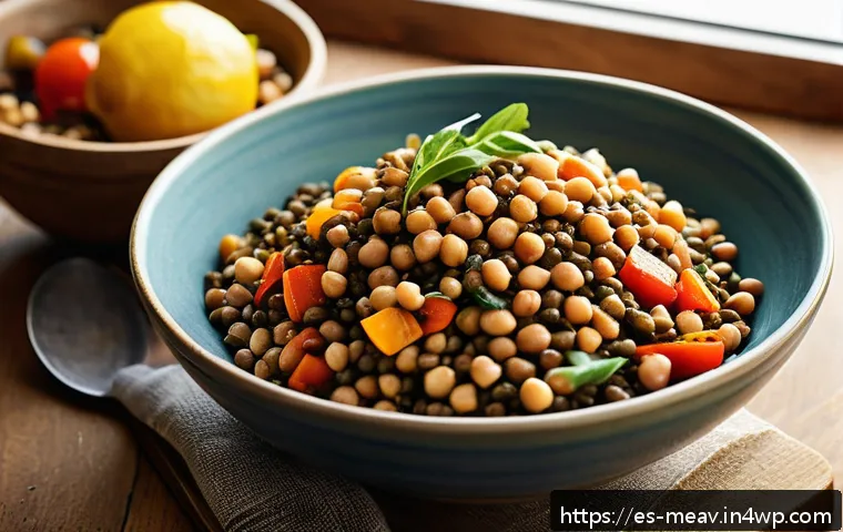 항염증 식단을 위한 고기 대체 식품 - A vibrant, rustic kitchen scene featuring a colorful bowl of warm lentil salad with roasted vegetabl...