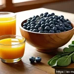 Home 18 항염증 식단과 뇌 건강의 상관관계 - A vibrant breakfast scene featuring a rustic wooden table with a colorful bowl of fresh blueberries,...