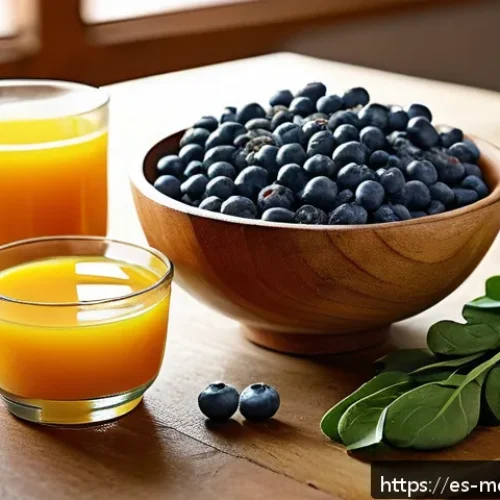 Home 30 항염증 식단과 뇌 건강의 상관관계 - A vibrant breakfast scene featuring a rustic wooden table with a colorful bowl of fresh blueberries,...