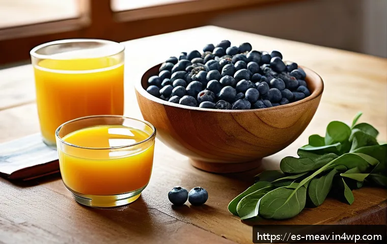 항염증 식단과 뇌 건강의 상관관계 - A vibrant breakfast scene featuring a rustic wooden table with a colorful bowl of fresh blueberries,...