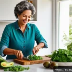 Home 23 항염증 식단의 장기적인 효과 - A vibrant Mediterranean-style kitchen scene with a middle-aged Hispanic woman preparing a colorful a...