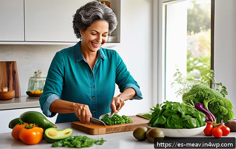 항염증 식단의 장기적인 효과 - A vibrant Mediterranean-style kitchen scene with a middle-aged Hispanic woman preparing a colorful a...