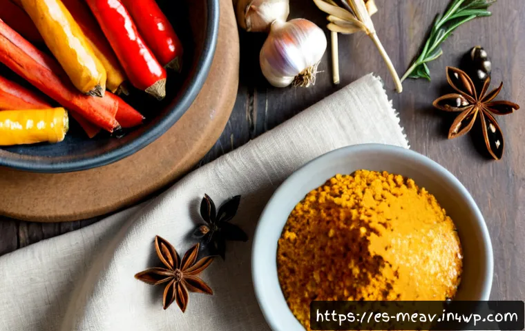 염증 완화에 도움 되는 허브와 향신료 - Photorealistic overhead still life of fresh rosemary, turmeric root, ginger, garlic, cinnamon sticks...