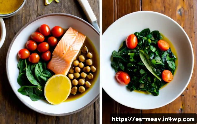 항염증 식단을 위한 간단한 조리 방법 - Photorealistic overhead view of a simple anti-inflammatory Mediterranean lunch being prepared in a b...